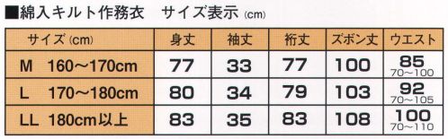 伊田繊維 1060 綿入りキルト作務衣 無地（M・L） 冬を作務衣一枚で暖かく過ごすなら、キルト作務衣がおすすめです。この製品の中綿は、テイジンのウォーマルを使用しており、ゴワゴワしない薄さで温かさを実現しています。ウォーマルの特徴は遠赤外線を放射することで、なかはとってもポカポカになります。ムレずに、さらっと快適に過ごせる素材で、洗濯しても効果は変わりません。  ※上下セットです。※この商品はご注文後のキャンセル、返品及び交換は出来ませんのでご注意下さい。※なお、この商品のお支払方法は、先振込（代金引換以外）にて承り、ご入金確認後の手配となります。 サイズ／スペック